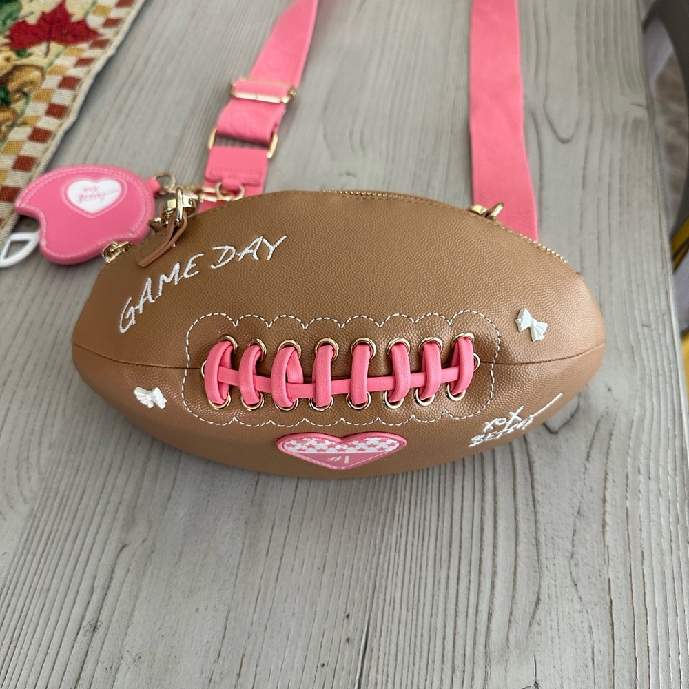 BETSY JOHNSON Brown and Pink Football-Shaped Crossbody Bag